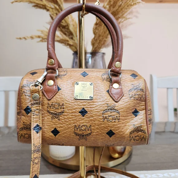 MCM Visetos Leather Logo Shoulder Bag 2-Way Mini Boston Brown